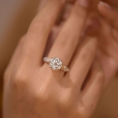 Round Cut Diamond White Bunny Rabbit Engagement Ring in 925 Sterling Silver