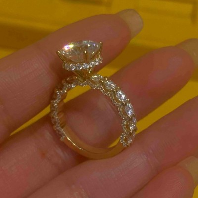 Round Cut Diamond White Yellow Gold 925 Sterling Silver Hidden Halo Engagement Ring