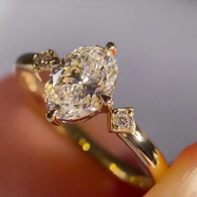 Oval Cut Diamond White Yellow Gold 925 Sterling Silver 3-Stone Engagement Ring