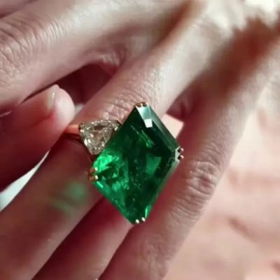 Emerald Cut Emerald Green 3-Stone Yellow Gold Engagement Ring in 925 Sterling Silver