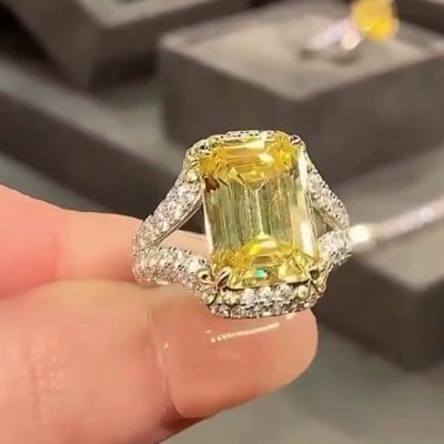 Emerald Cut Citrine Yellow Art Deco 925 Sterling Silver Engagement Ring