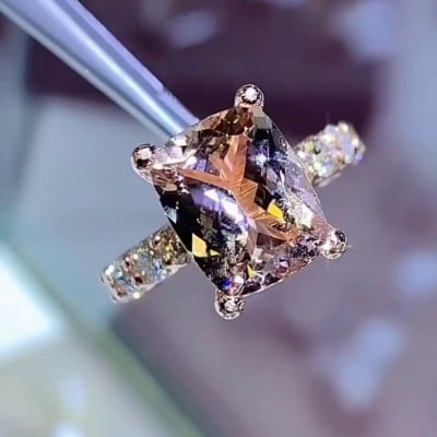 Radiant Cut Champagne Hidden Halo 925 Sterling Silver Rose Gold Engagement Ring