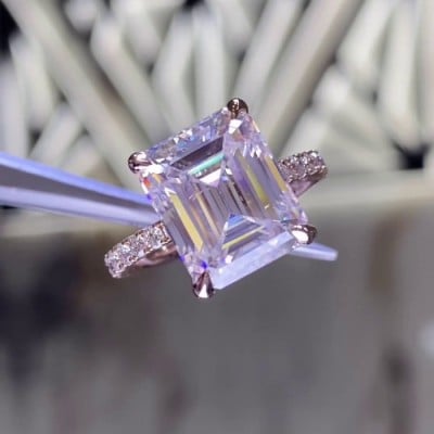 Emerald Cut Diamond White Hidden Halo 925 Sterling Silver Rose Gold Engagement Ring
