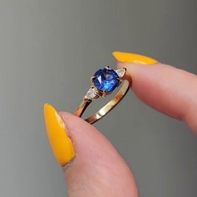 Round Cut Sapphire Blue 925 Sterling Silver Yellow Gold 3-Stone Engagement Ring