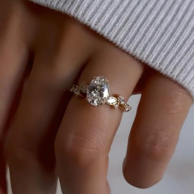Oval Cut Diamond White Hidden Halo 925 Sterling Silver Yellow Gold Engagement Ring