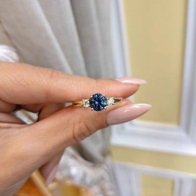 Round Cut Sapphire Blue 3-Stone 925 Sterling Silver Yellow Gold Engagement Ring