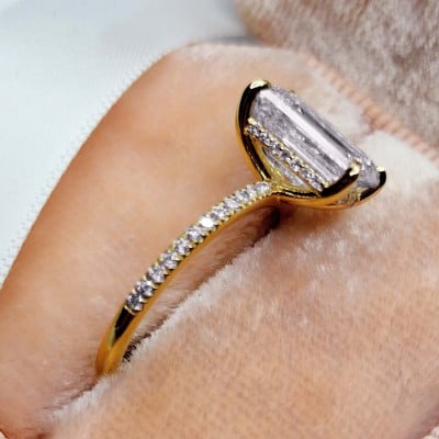 Emerald Cut Diamond White 925 Sterling Silver Yellow Gold Hidden Halo Engagement Ring