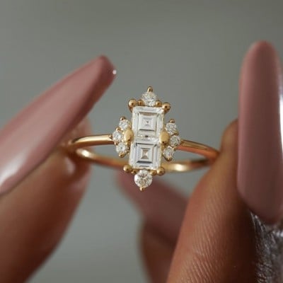 Asscher Cut Diamond White 925 Sterling Silver Yellow Gold Art Deco Engagement Ring