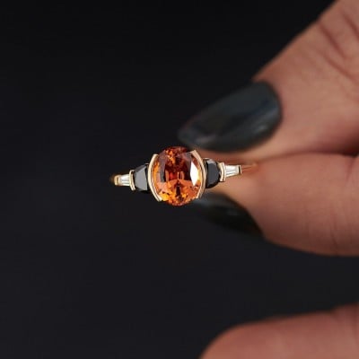 Oval Cut Orange Sapphire 925 Sterling Silver Yellow Gold 3-Stone Engagement Ring