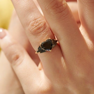 Heart Cut Fancy Black 925 Sterling Silver Yellow Gold Art Deco Engagement Ring
