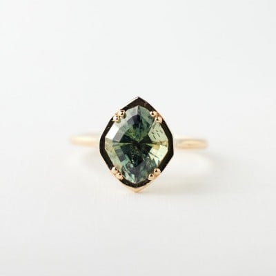 Geo Cut Peridot Green 925 Sterling Silver Yellow Gold Solitaire Engagement Ring