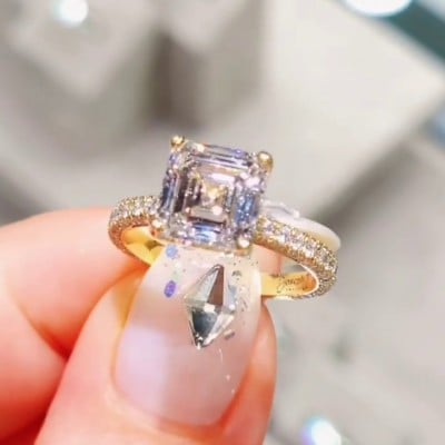 Asscher Cut Diamond White 925 Sterling Silver Yellow Gold Classic Engagement Ring