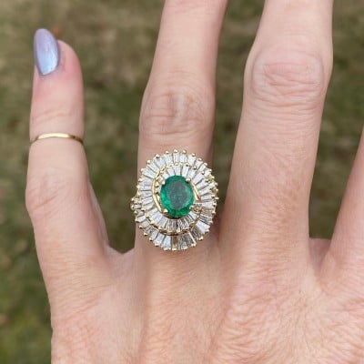 Oval Cut Emerald Green 925 Sterling Silver Yellow Gold Halo Art Deco Engagement Ring
