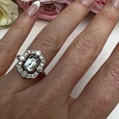 Emerald Cut Aquamarine Sterling Silver Halo Engagement Ring