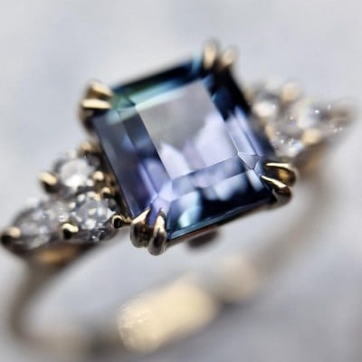 Emerald Cut Amethyst Sterling Silver Yellow Gold Engagement Ring