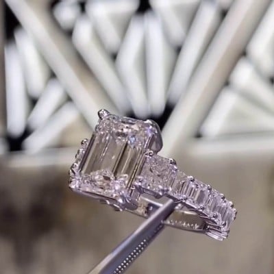 Emerald Cut Diamond White Sterling Silver 3-Stone Engagement Ring