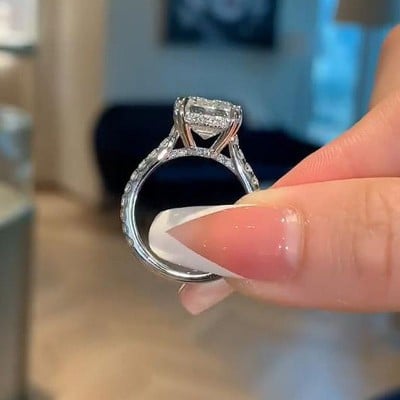 Emerald Cut Diamond White Sterling Silver Halo Engagement Ring