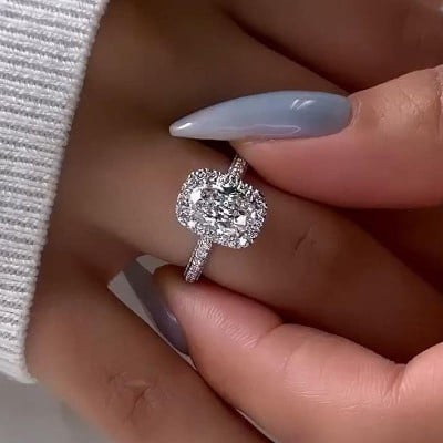Oval Cut Diamond White Sterling Silver Halo Engagement Ring