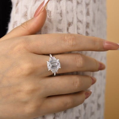 Emerald Cut Diamond White Sterling Silver 3-Stone Engagement Ring