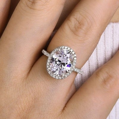 Oval Cut Diamond White Sterling Silver Halo Engagement Ring