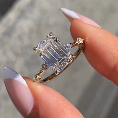 Emerald Cut Diamond White Sterling Silver Yellow Gold Engagement Ring