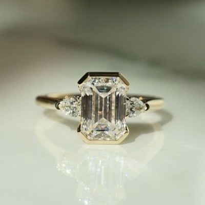 Emerald Cut Diamond White Sterling Silver Yellow Gold 3-Stone Engagement Ring