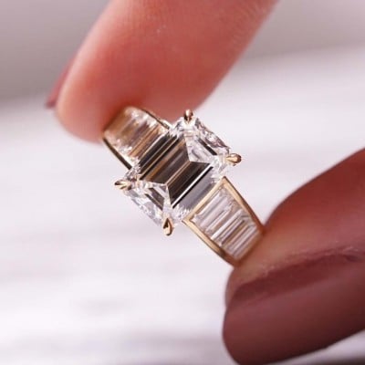 Emerald Cut Diamond White Sterling Silver Yellow Gold Engagement Ring