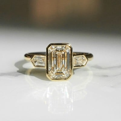 Emerald Cut Diamond White Sterling Silver Yellow Gold 3-Stone Engagement Ring