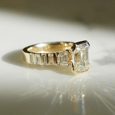 Emerald Cut Diamond White Sterling Silver Yellow Gold 3-Stone Engagement Ring