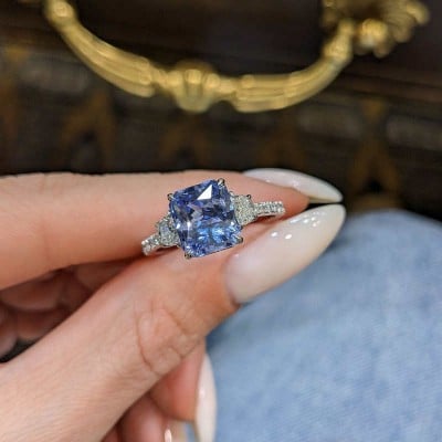 Radiant Cut Sapphire Blue Sterling Silver 3-Stone Engagement Ring
