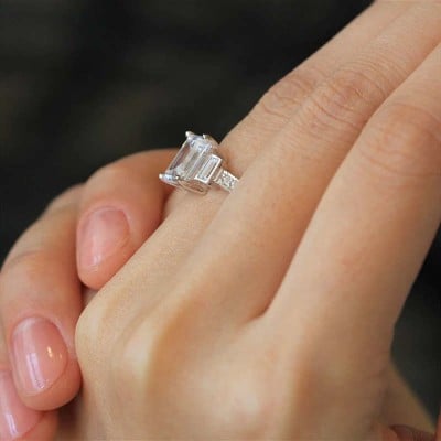 Emerald Cut Diamond White Sterling Silver 3-Stone Engagement Ring