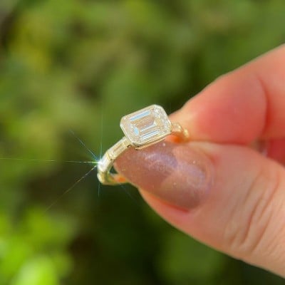 Emerald Cut Diamond White Sterling Silver Yellow Gold Engagement Ring