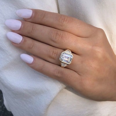 Emerald Cut Diamond White Sterling Silver Yellow Gold 3-Stone Engagement Ring