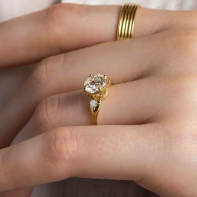 Round Cut Diamond White Sterling Silver Yellow Gold 3-Stone Engagement Ring