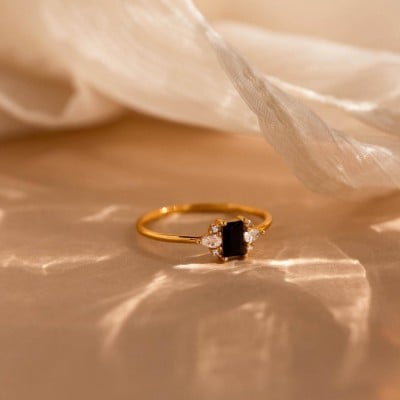Emerald Cut Fancy Black Sterling Silver Yellow Gold 3-Stone Engagement Ring