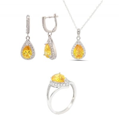Pear Cut Citrine Yellow 925 Sterling Silver Halo Jewelry Set