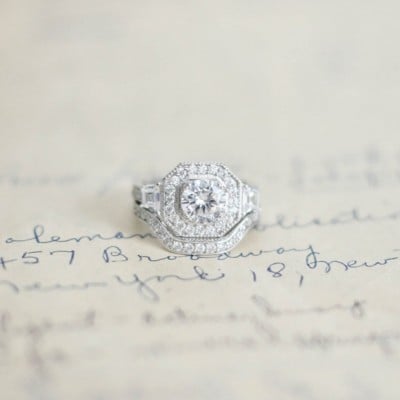 Round Cut Diamond White Halo 3-Stone 925 Sterling Silver Ring Set
