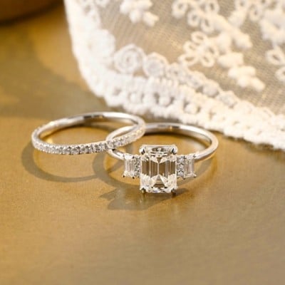 Emerald Cut Diamond White Classic 3-Stone 925 Sterling Silver Ring Set