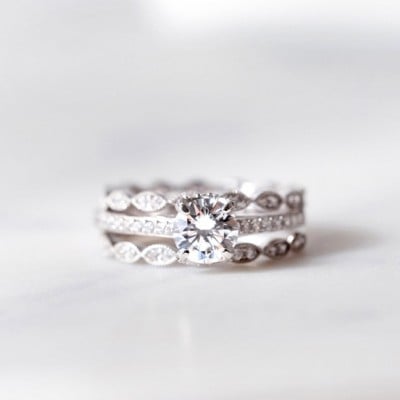 Round Cut Diamond White Classic 3-Piece 925 Sterling Silver Ring Set
