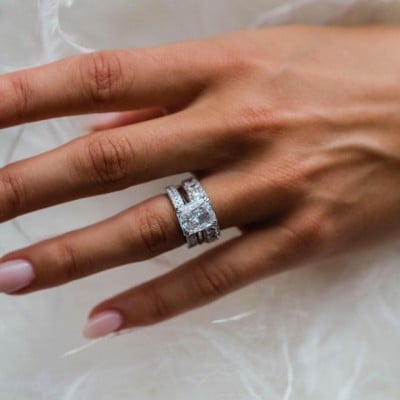 Radiant Cut Diamond White 3-Piece 925 Sterling Silver Ring Set