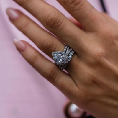 Pear Cut Diamond White Halo 3-Piece 925 Sterling Silver Ring Set
