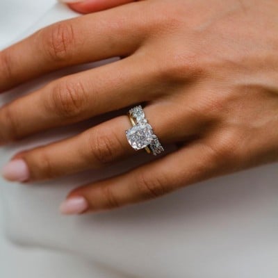 Cushion Cut Diamond White Solitaire Yellow Gold 925 Sterling Silver Ring Set