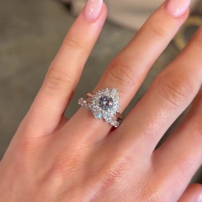 Round Cut Diamond White Halo 925 Sterling Silver Ring Set