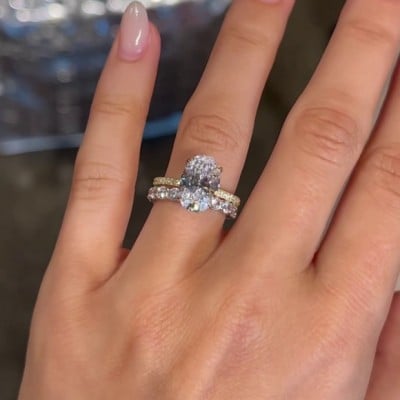 Oval Cut Diamond White Classic Yellow Gold 925 Sterling Silver Ring Set