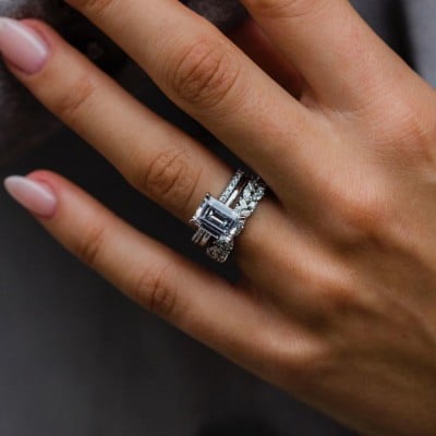 Emerald Cut Diamond White Solitaire 3-Piece 925 Sterling Silver Ring Set