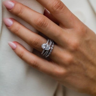 Oval Cut Diamond White Classic 3-Piece 925 Sterling Silver Ring Set