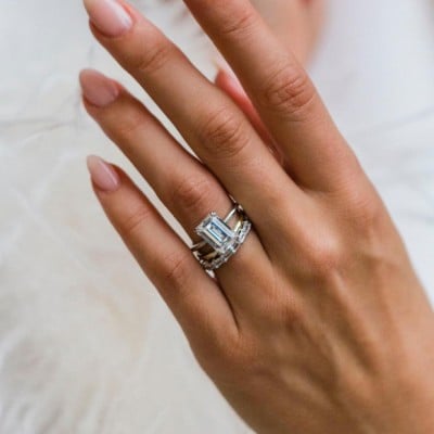 Emerald Cut Diamond White Solitaire 3-Piece 925 Sterling Silver Ring Set