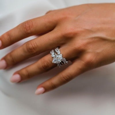 Pear Cut Diamond White Solitaire 3-Piece 925 Sterling Silver Ring Set