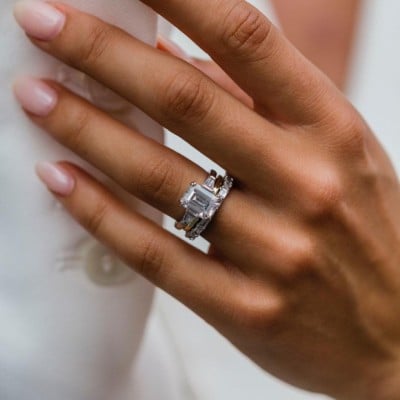 Emerald Cut 3-Stone Diamond White 925 Sterling Silver 3-Piece Ring Set