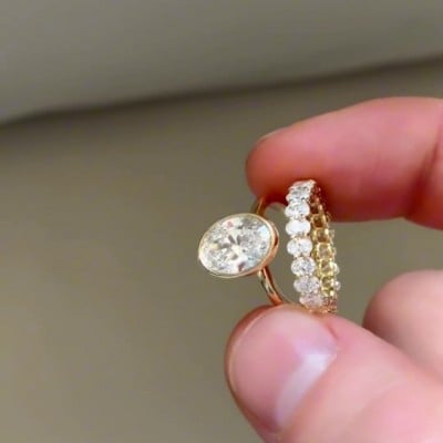 Oval Cut Diamond White Solitaire Yellow Gold 925 Sterling Silver Ring Set